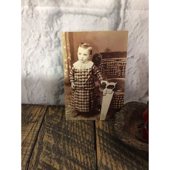 Vintage Photo Reprint Photo Boy With Hand Saw Odd Creepy - Picture 5 of 10
